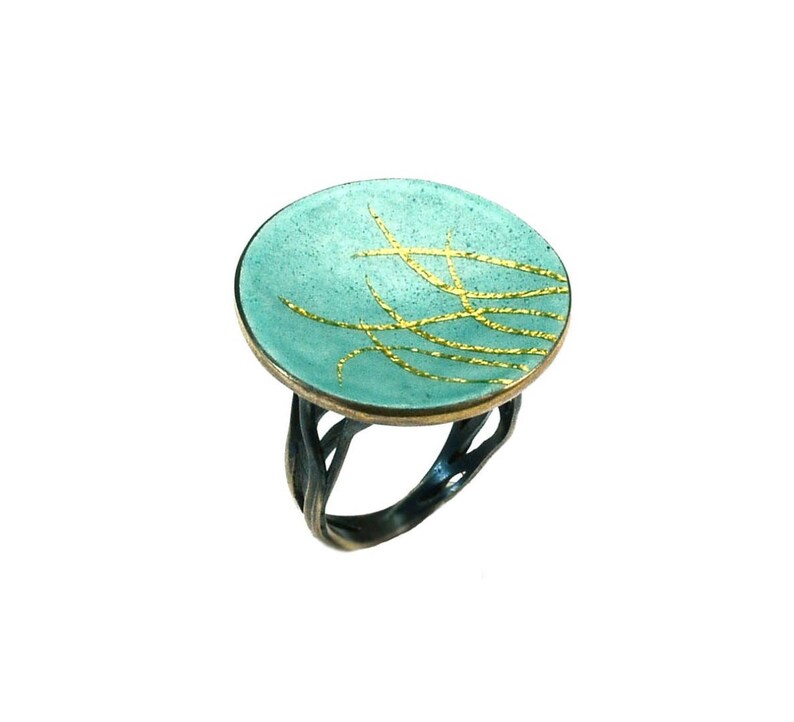 Teal Statement Ring Nature Inspired with Gold Lines