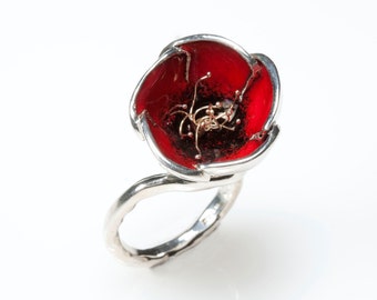 Red Poppy Flower Silver Ring with stamens details