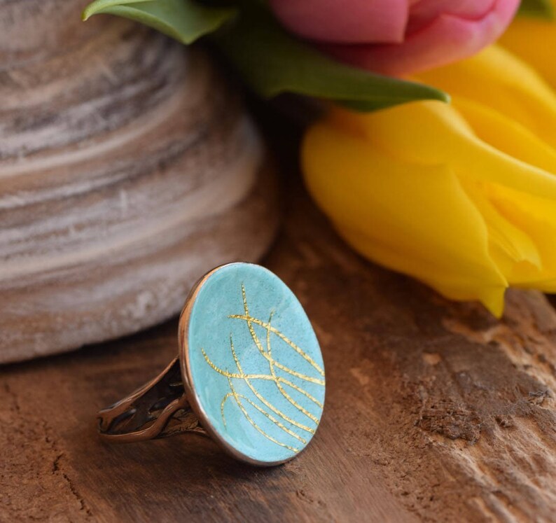 Teal Statement Ring Nature Inspired with Gold Lines