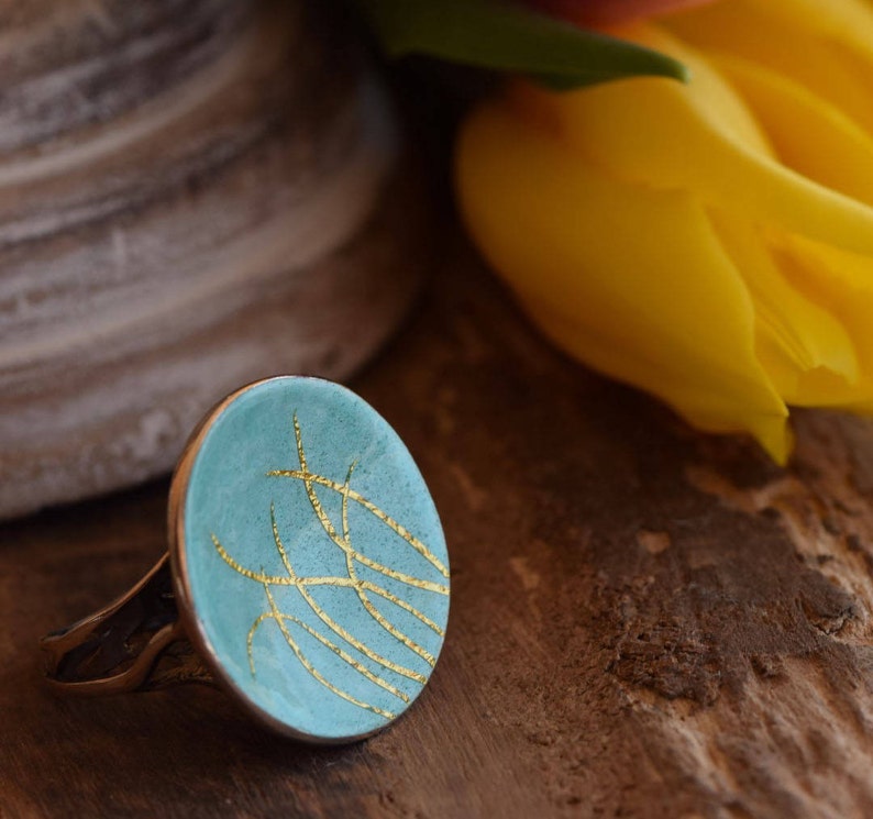 Teal Statement Ring Nature Inspired with Gold Lines