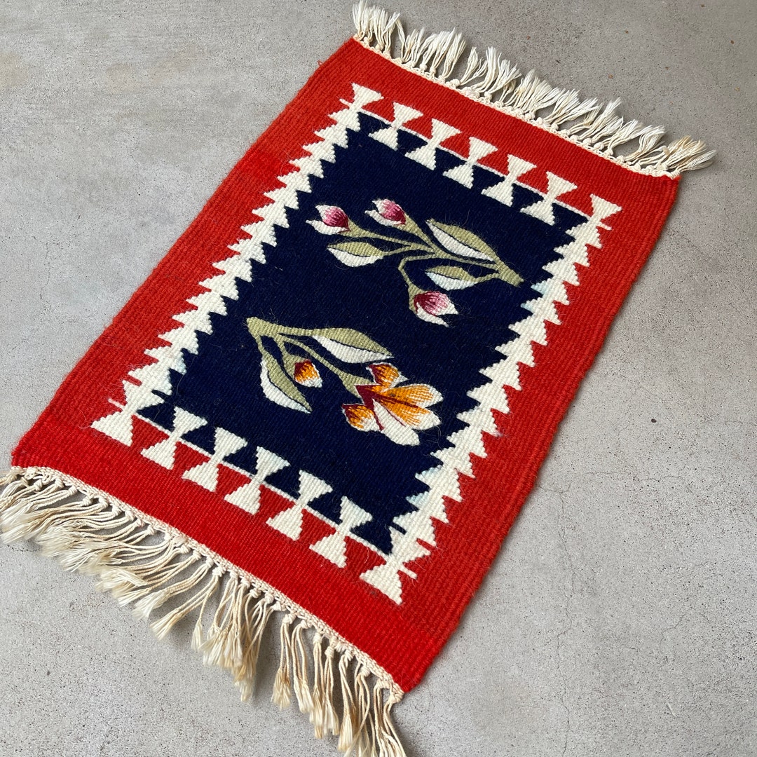 VINTAGE WALL HANGING / Small Woven Rug / Wool / Flowers / Red White ...