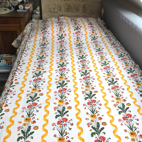 france vintage リネン＆コットン 花柄刺繍 シーツベッドカバー