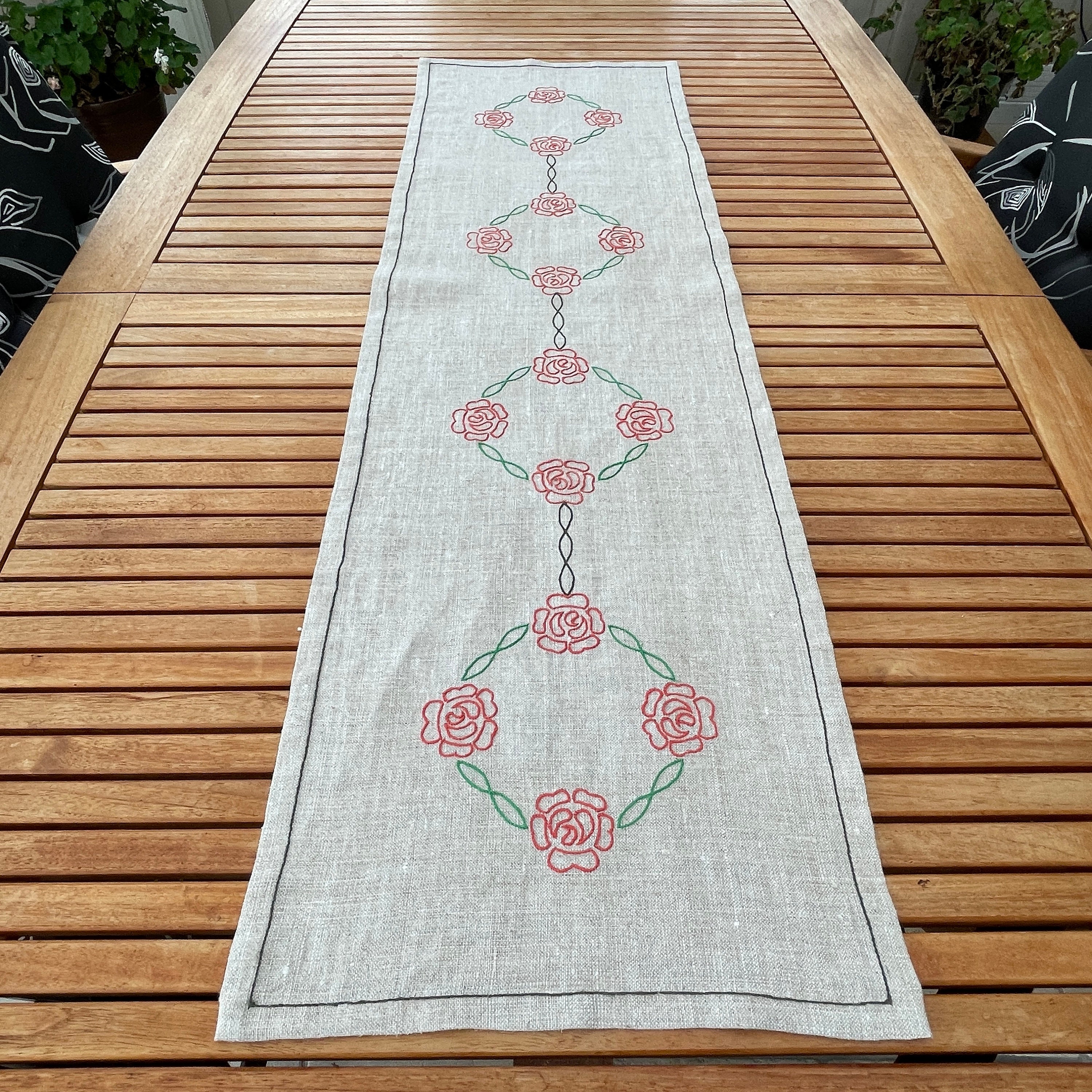 Suédois Vintage Tablerunner/Table Topper Floral Broderie Linge Écru Fait à La Main Scandinave