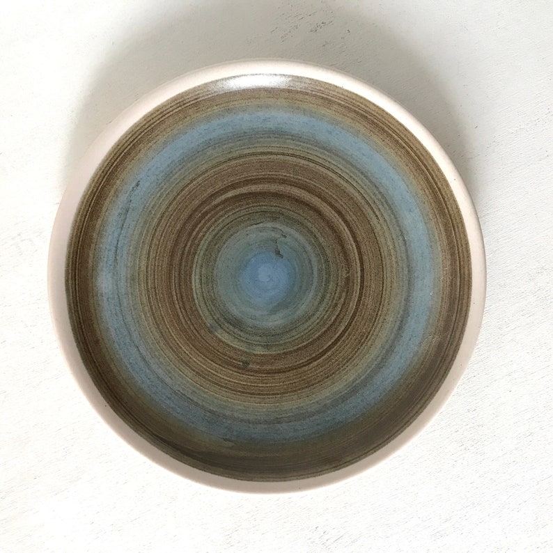 May include: A ceramic plate with a blue and brown swirl pattern. The plate has a white rim and a light blue center.