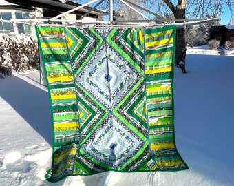 QUILTED VINTAGE BEDSPREAD / Cover / Large / Blanket / Cotton / Boho / Hippie / Handmade / Green Blue White