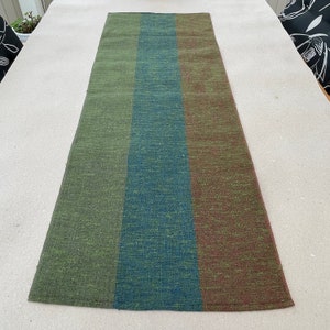 STUNNING WOVEN TABLERUNNER / Textile art / Tablecloth / Scandinavian / Linen / Tabletopper / Rustic / Green Blue Brown / Striped