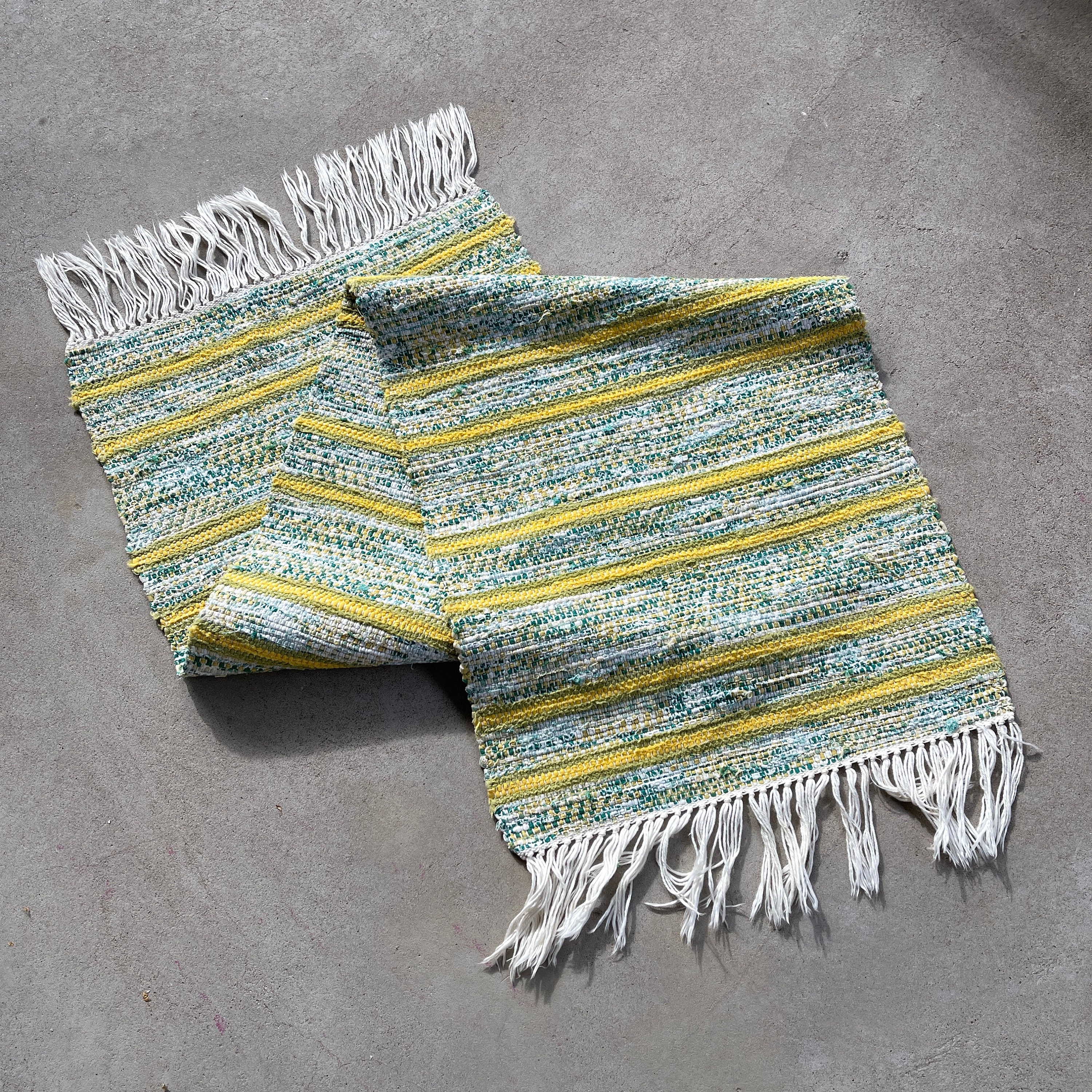 Table Suédois Vintage/Tissé Tissu Tapis Chiffon Scandinave Textile Vert Jaune Blanc Rayé Décor Rusti