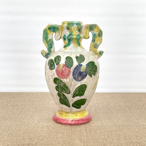 VASO IN CERAMICA ITALIANA / Firmato / Da collezione / Dipinto a mano / Classico / Prodotto in Italia / Ceramica / Floreale / Bianco sporco Verde Rosa Giallo
