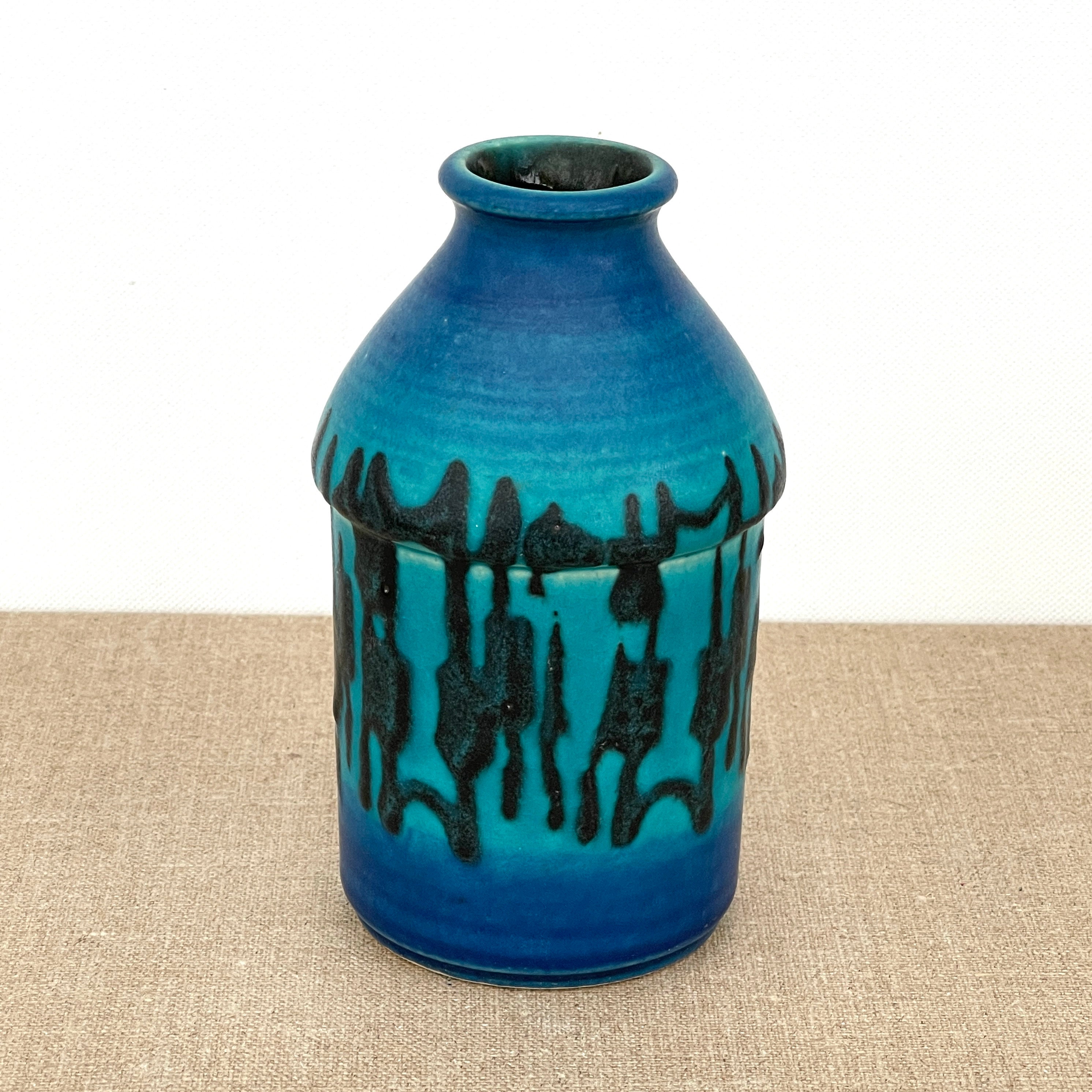Vase Vintage Allemand/Bleu Turquoise Noir Années 60 70 Milieu Du Siècle Fabriqué en Allemagne Vase V