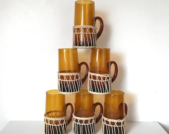 Vintage Amber Glass Set: Wicker Wrapped Mugs, Mid-Century Barware