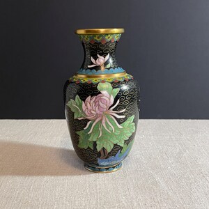 Vintage Cloisonne Vase: Enamel on Brass, Asian, Floral Bird Decor