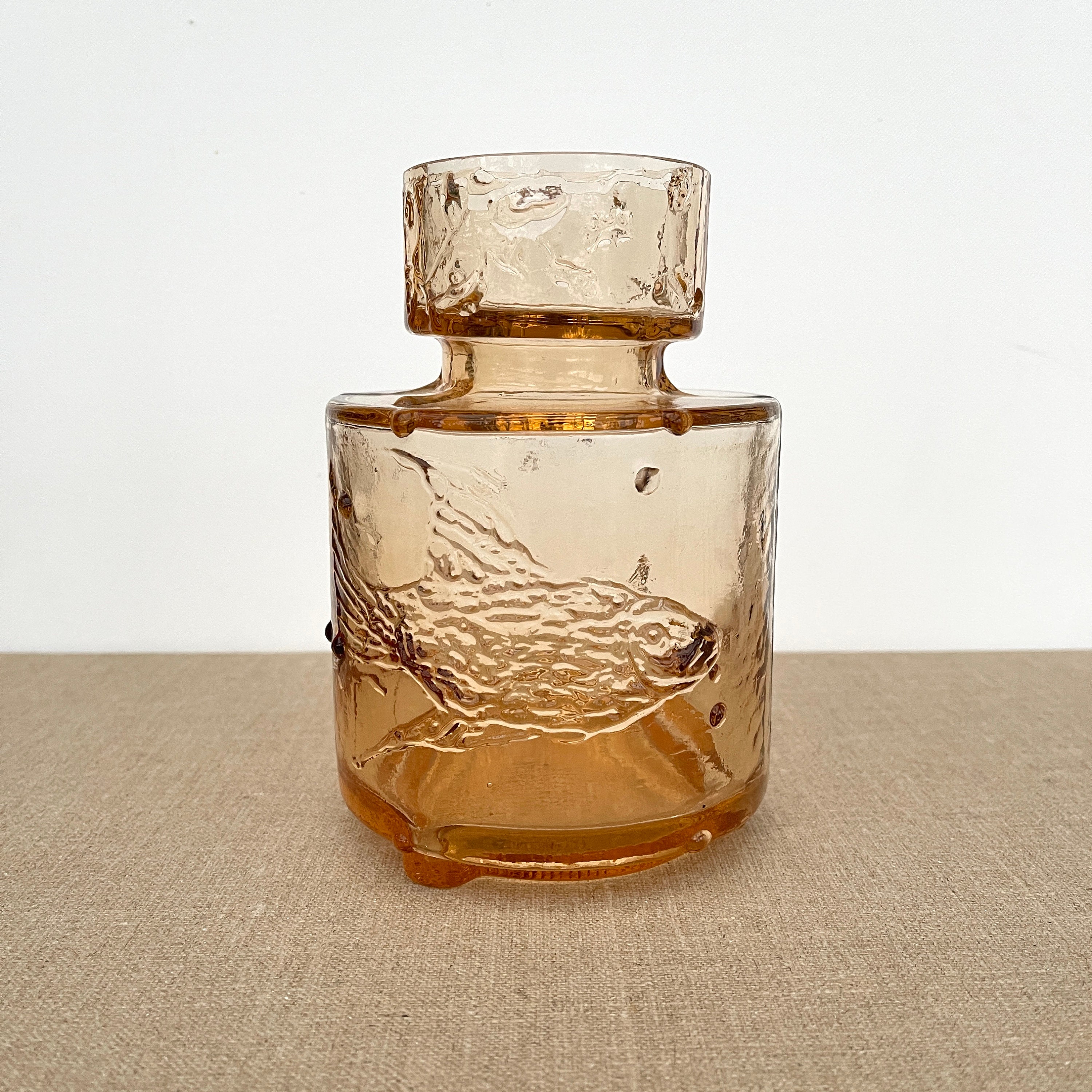 Beau Vase en Verre/Verre Vintage Pressé Lourd Poisson Ambre Décoration Intérieure