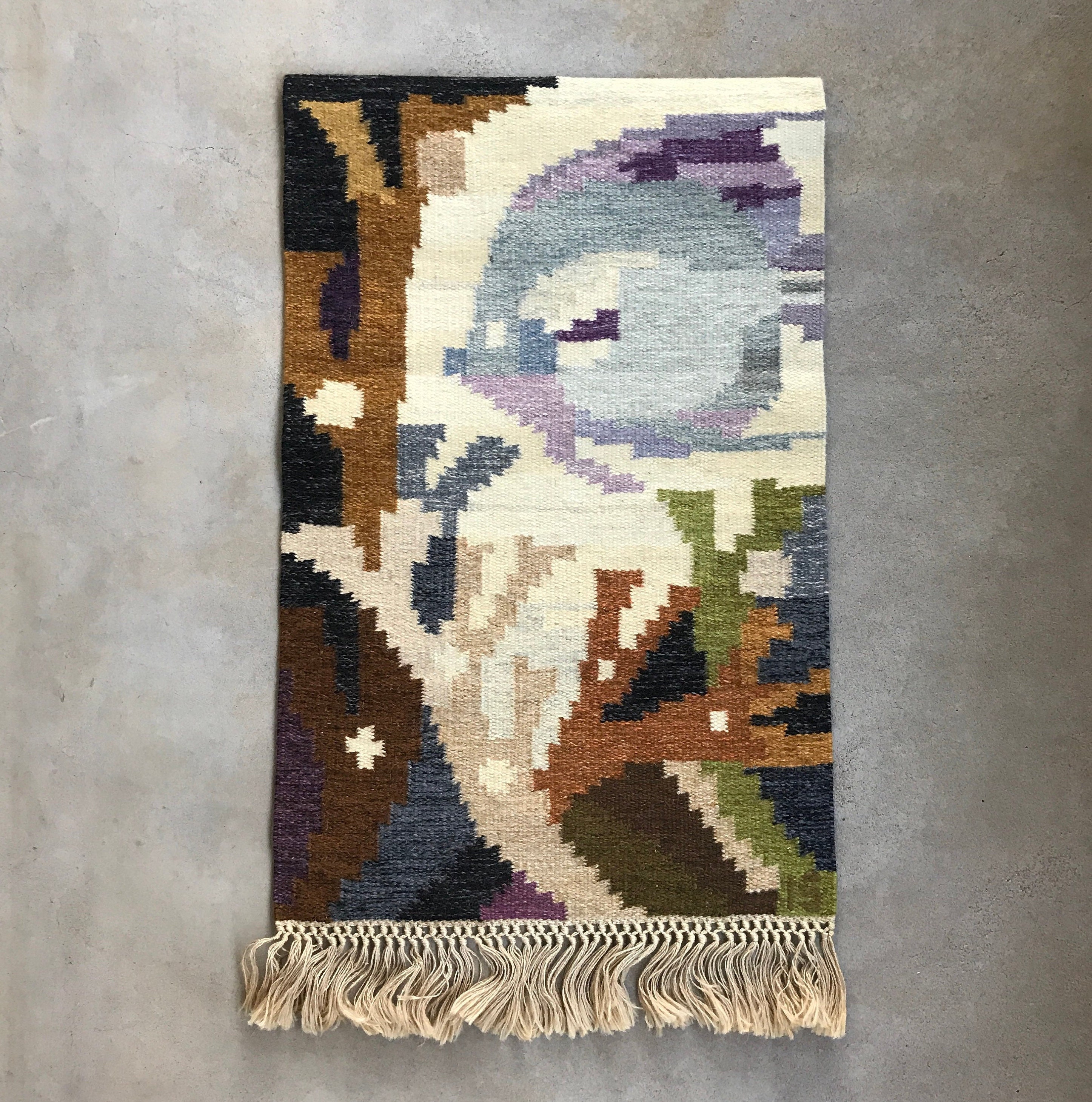 Ingegerd Silow Tapestry/Röllakan en Laine Années 60 70 Décor Mural Vintage Suédois Tissage Plat Accr