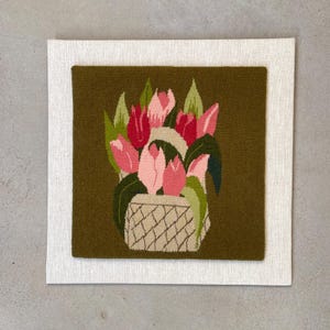 SWEDISH VINTAGE TAPESTRY / Wall hanging / Hand made / Flemish woven / Scandinavian / Wool / 60s 70s / Tulips / Green Pink