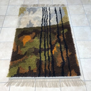 LARGE HANDMADE RYA / Swedish rya rug / Wool carpet / Wall hanging / Decor / Textile art / Rustic tapestry / Mid century modern / 60s 70s
