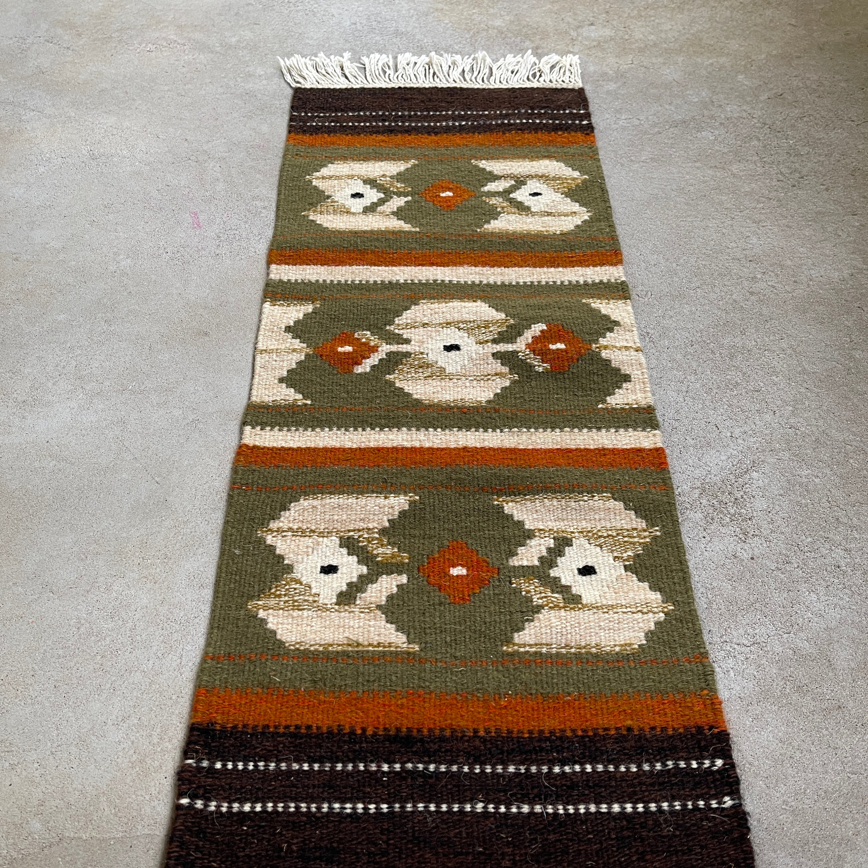 Tablerunner Tissé Vintage/Fait à La Main Laine Brun Vert Orange Beige Textile Folk Art Artisanat Déc