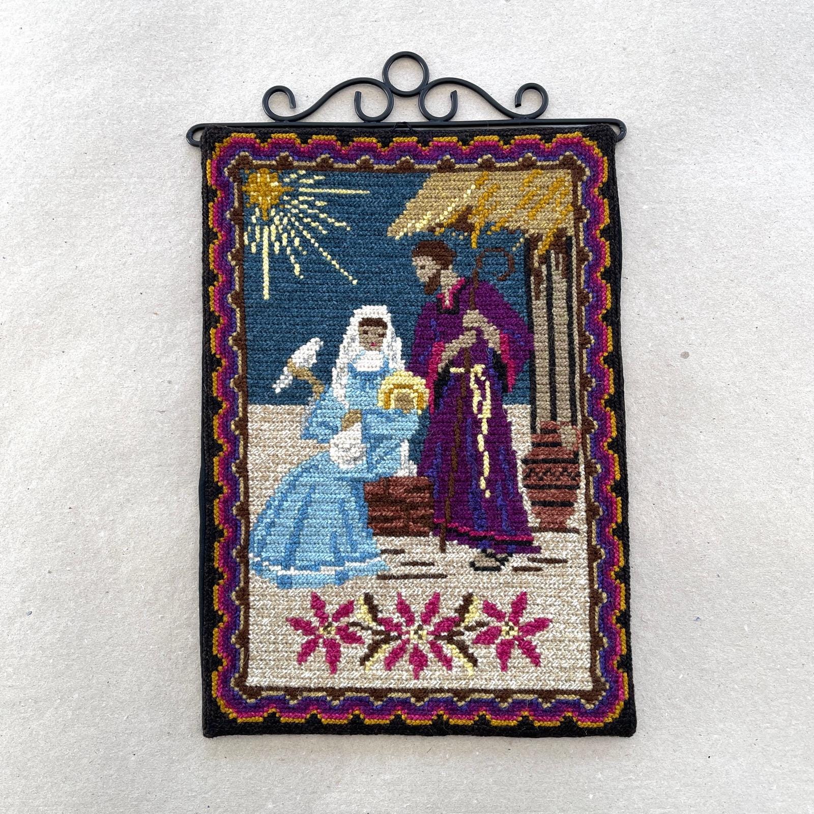 Vintage Swedish Christmas Tapestry: Handmade Wool Embroidery Wall Hanging