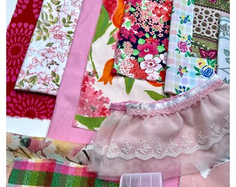 Roze stoffen restantenpakket: Frans vintage lint, kant en ephemera