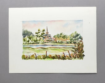 ORIGINAL WATERCOLOR PAINTING / French vintage / Art / Landscape / Wall hanging / Aquarelle / Nature / Church / Wall decor