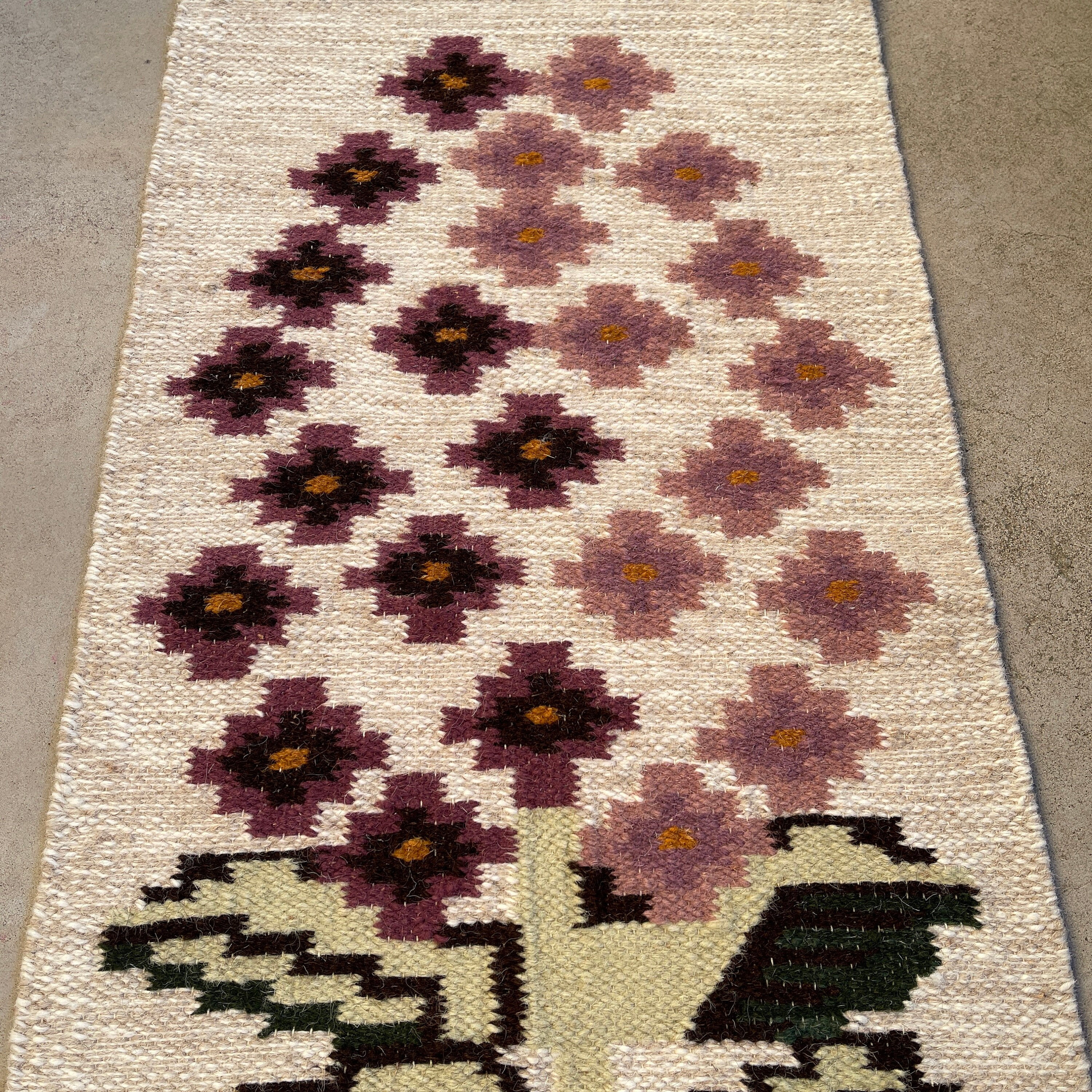 Superbe Tapisserie Suédoise/Coton Laine Röllakan Années 60 70 Accrochage Mural Tissage Plat Tissé à 