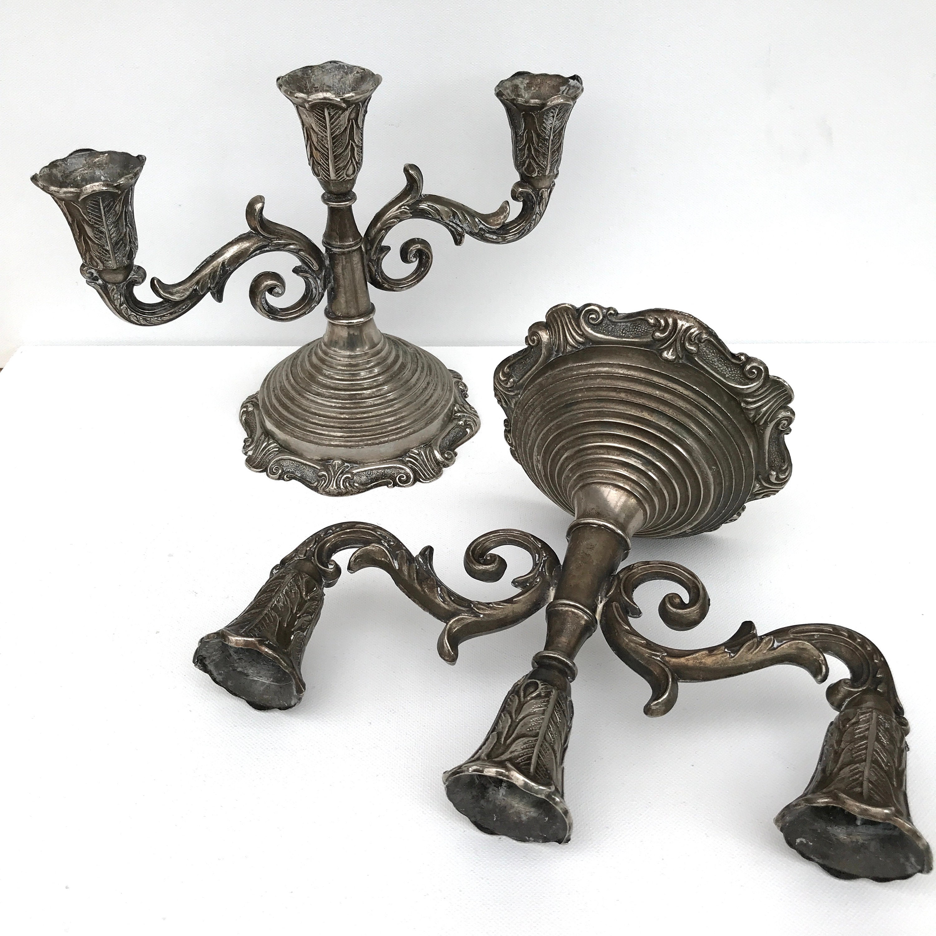 Vintage Pewter Candleholder/3 Bras Chandelier Ensemble de 2 Heavy Shabby Chic Rustic Candle Stick Ho