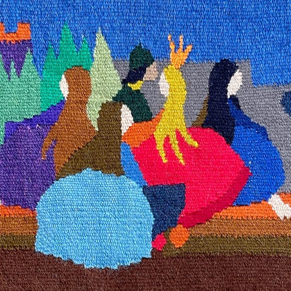Vintage Swedish Wool Tapestry: Handmade Fairytale Wall Hanging