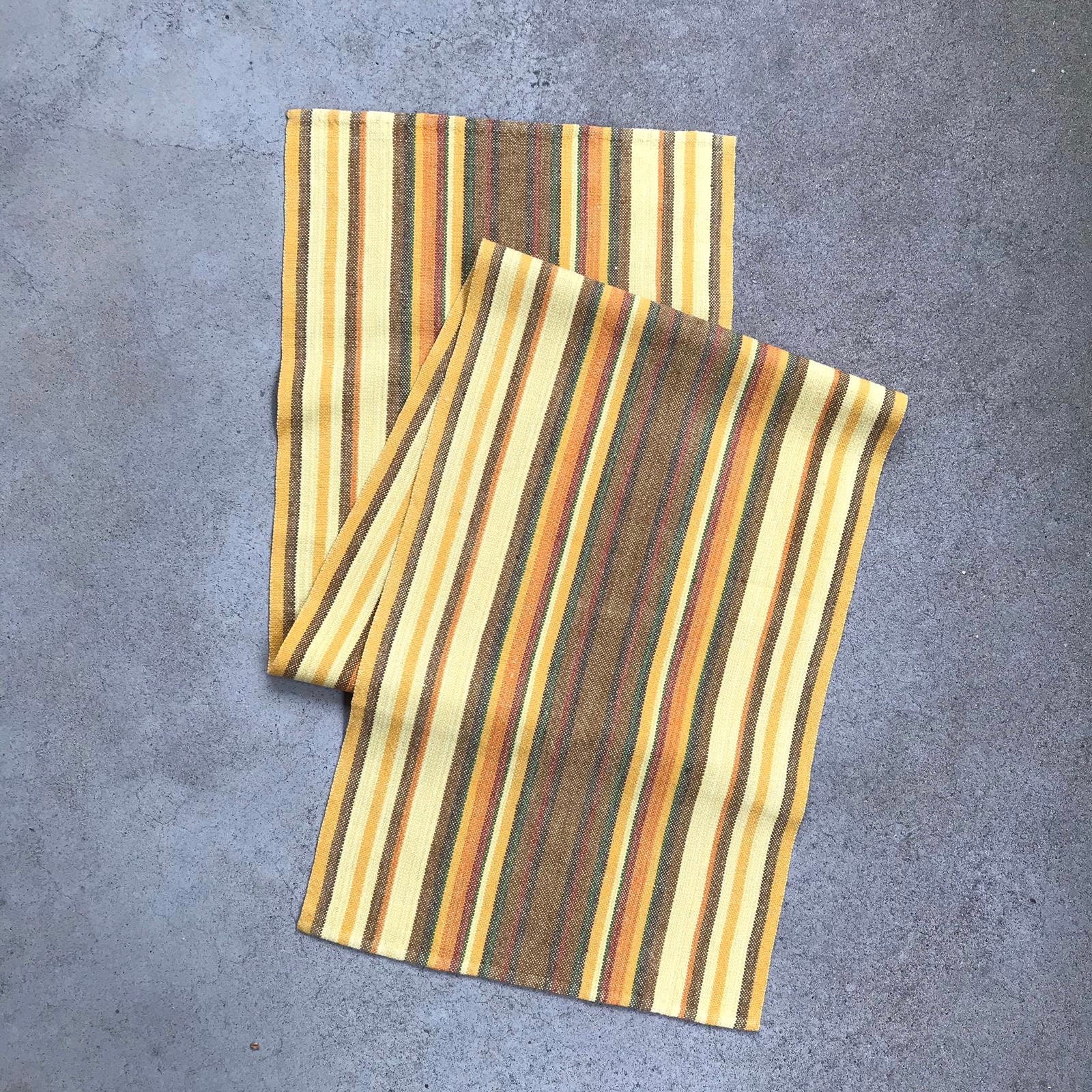 Swedish Woven Tablerunner/Tissu Vintage Design Scandinave Lin Rayé Style Chalet Rustique Jaune Brun