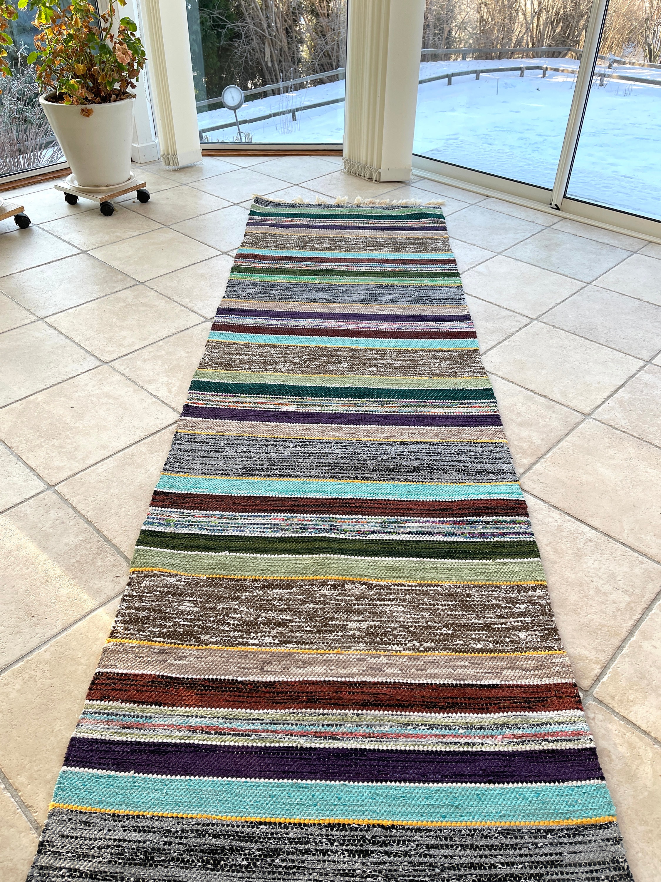 ZOVSON ヴィンテージ ストライプ ランドリー フロアランナー ラグ 農家 洗面所 マット バスルームラグ 浴室 浴槽 ヴィンテージスウェーデンラグラグ：手織りのストライプ柄フロア