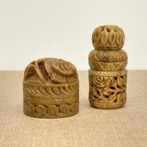 Handcarved Floral Soapstone Boxes: Vintage Fragrance Set of 2