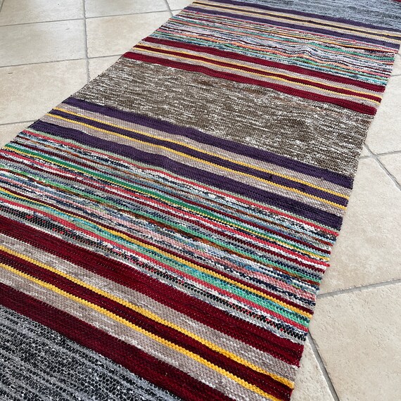SWEDISH RAG RUG / Vintage Floor Runner / Striped / Hand