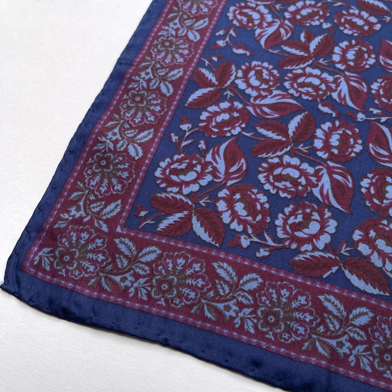 ITALIAN SILK SCARF / Mens silk scarf / Small vintage pocket scarf / Retro / Red Blue / Floral pattern / Luxury / Gift / Hankie image 4