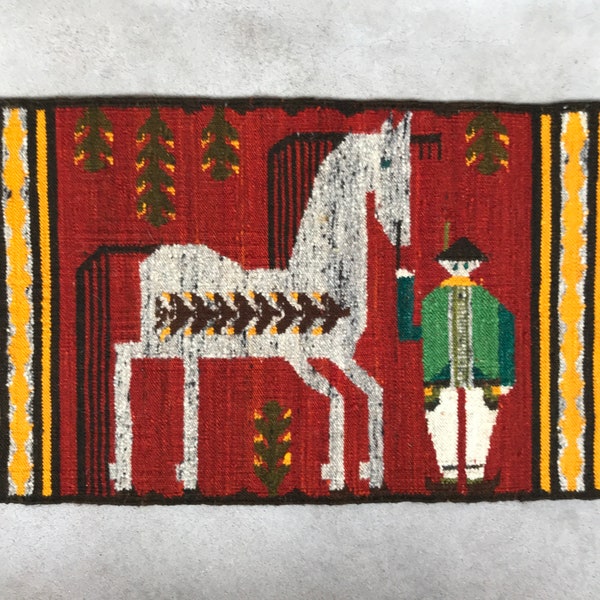 POLISH WALL HANGING / Kelim carpet / Tapestry / Hanging wool tapestry / Woven / Vintage / Folk art / Home decor / Design / Horse / Wool rug