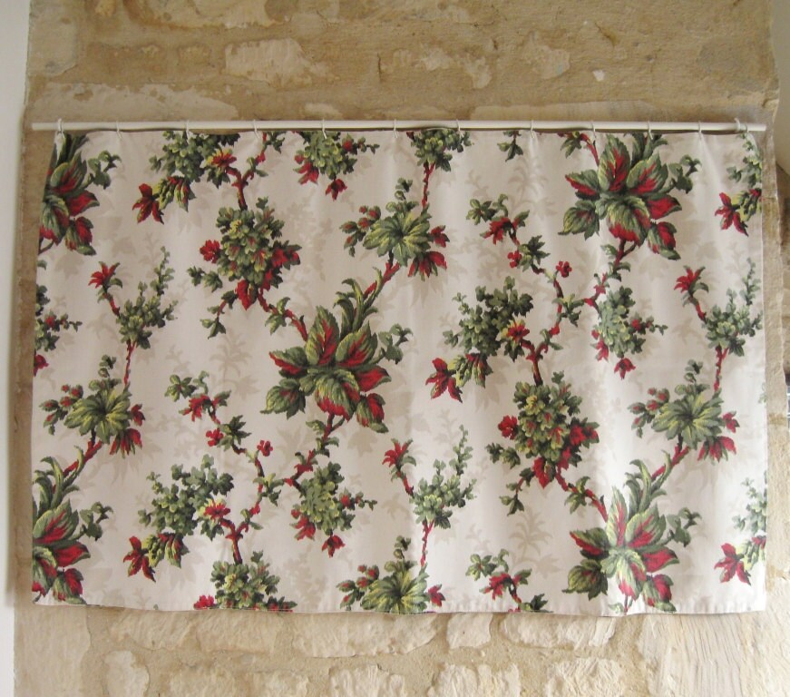 French 50S Drapery/Vintage Rideau Mid Century Tissu Coton Floral Feuilles Beige Vert Rouge