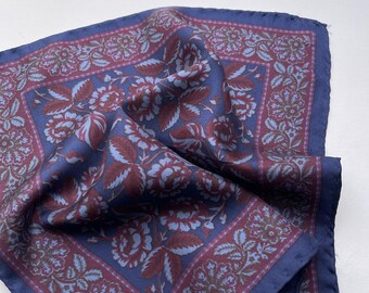 BUFANDA DE SEDA ITALIANA / Bufanda de seda para hombre / Pequeña bufanda de bolsillo vintage / Retro / Azul rojo / Patrón floral / Lujo / Regalo / Hankie