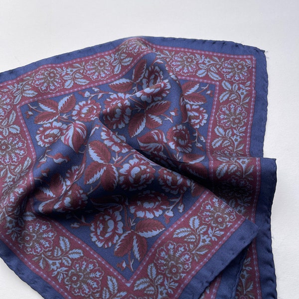 ITALIAN SILK SCARF / Mens silk scarf / Small vintage pocket scarf / Retro / Red Blue / Floral pattern / Luxury / Gift / Hankie