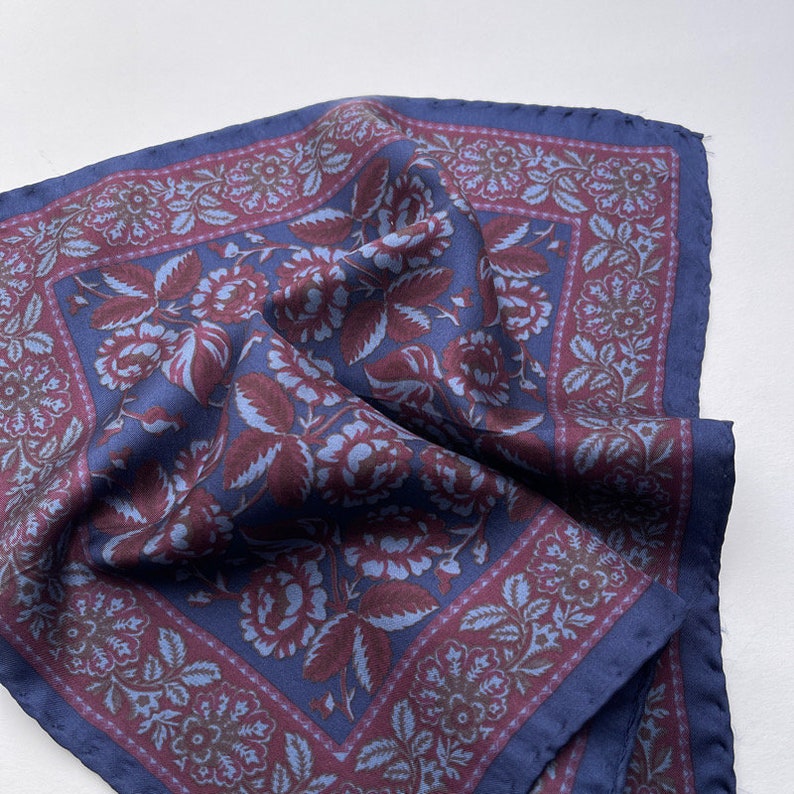 ITALIAN SILK SCARF / Mens silk scarf / Small vintage pocket scarf / Retro / Red Blue / Floral pattern / Luxury / Gift / Hankie image 1