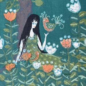 May include: A vintage-style illustration featuring a woman with long black hair and a green dress, holding a bird. The artwork is set against a teal background with stylized flowers in orange and white, creating a whimsical, nature-inspired scene.