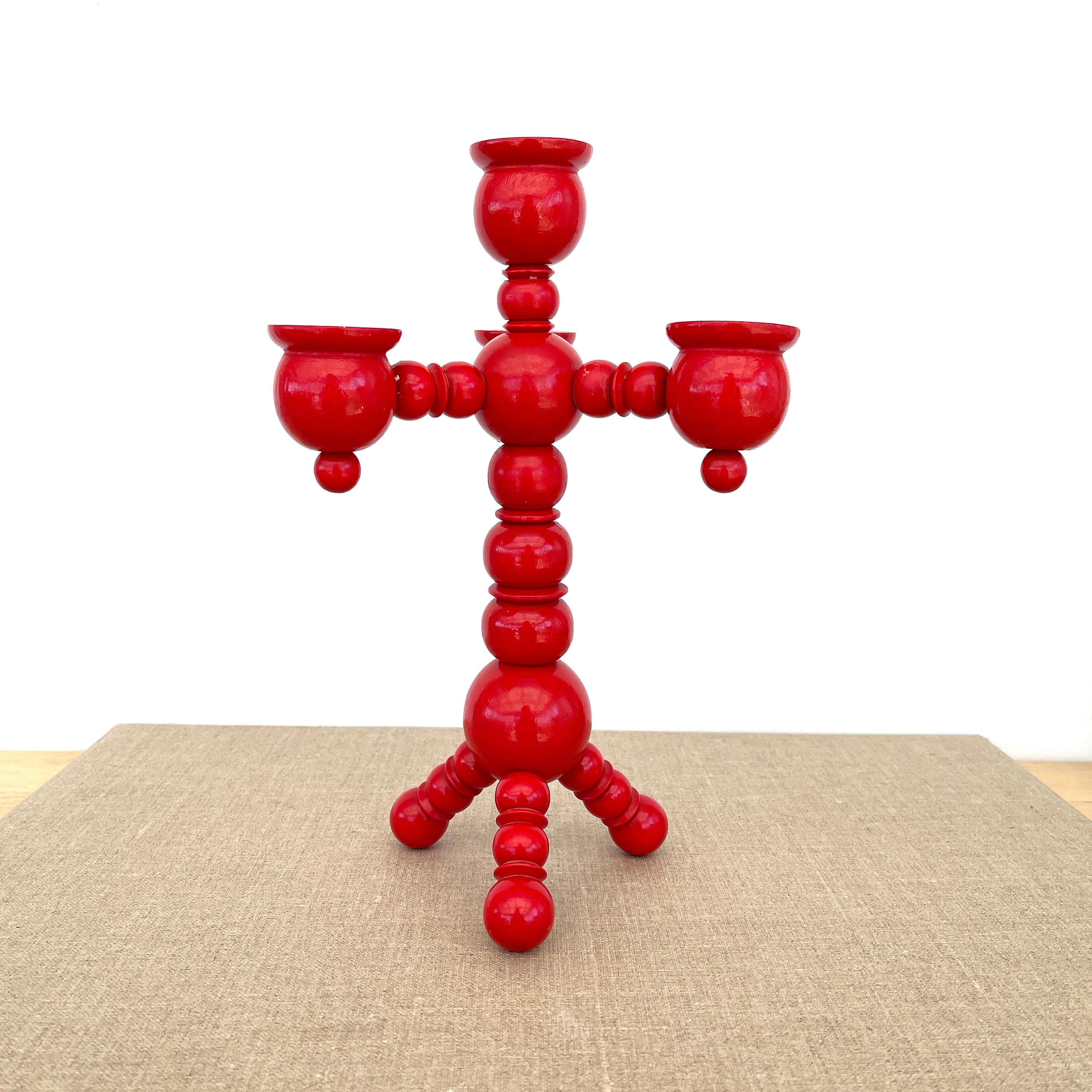 Bougeoirs Suédois/Rouge Décor de Noël Set 2 Rustique Candélabre Trois Bras Bois Massif Design Scandi