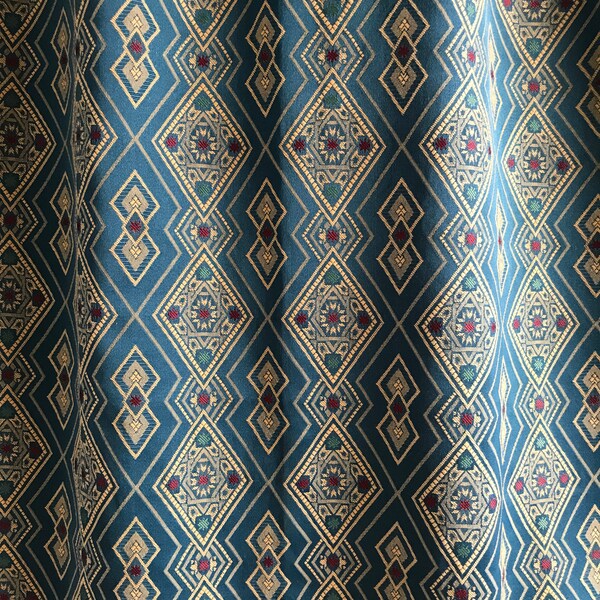 FRANZÖSISCH VINTAGE CURTAIN / Drapery / Panel Vorhang / blau Beige rot grün / Wohnkultur Stoff / Polsterstoff / Diamanten Muster