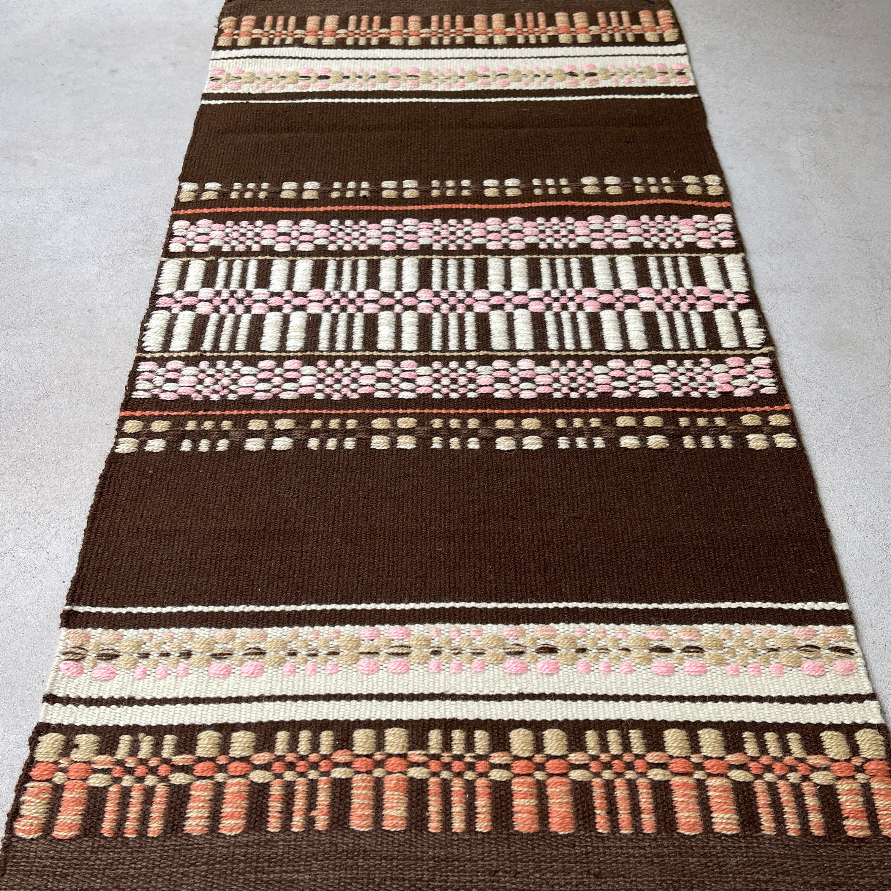 STUNNING SWEDISH TABLERUNNER / Vintage / Wool cloth / Scandinavian / Textile / Hand woven runner / Brown Beige Pink / Striped / Rustic