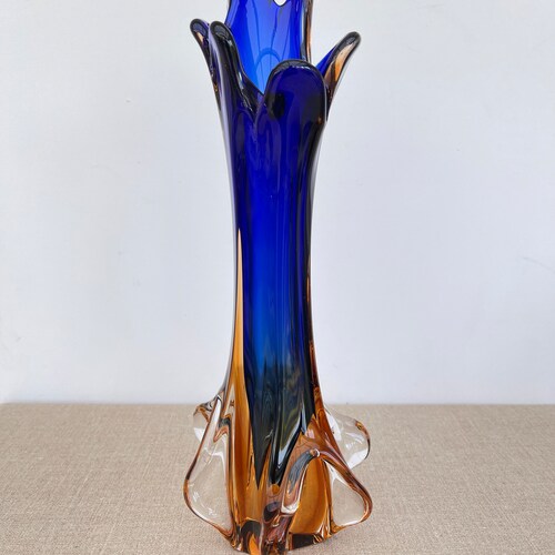 MURANO GLASS VASE / Italian glass art / Mid century shops modern / 50s 60s 70s / Handblown / Blue Orange / Home decor
