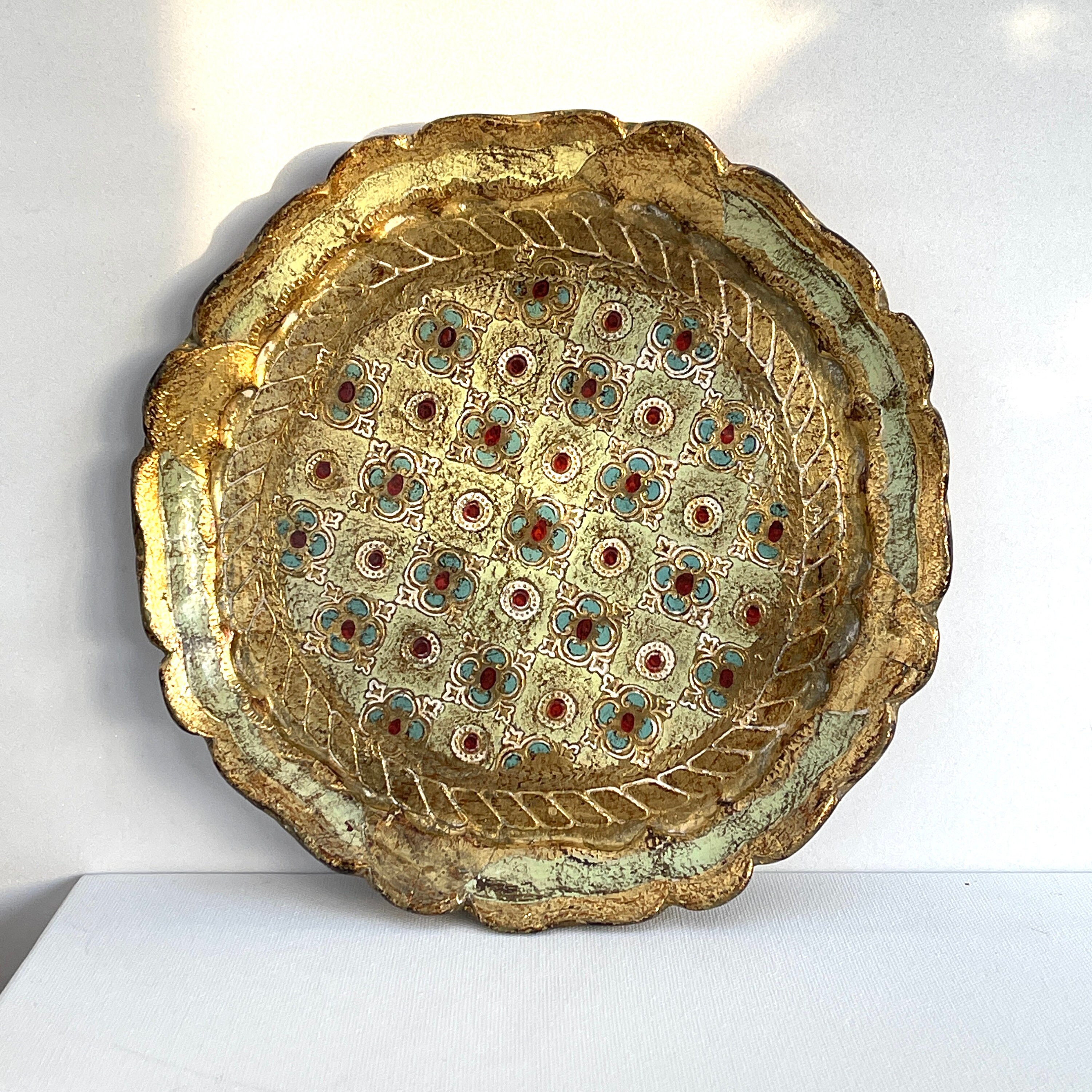 Petit Plateau Florentine/Bois Plateau Italien Vintage Rond Italie de Service 40S 50S 60S Golden Gree