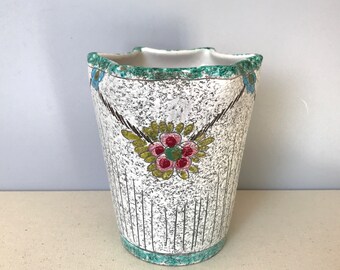 ITALIAN VINTAGE VASE / Fratelli Fanciullacci / Mid century / Flower Plant Pot / Hand painted ceramic / Pottery / White Turquoise / Retro