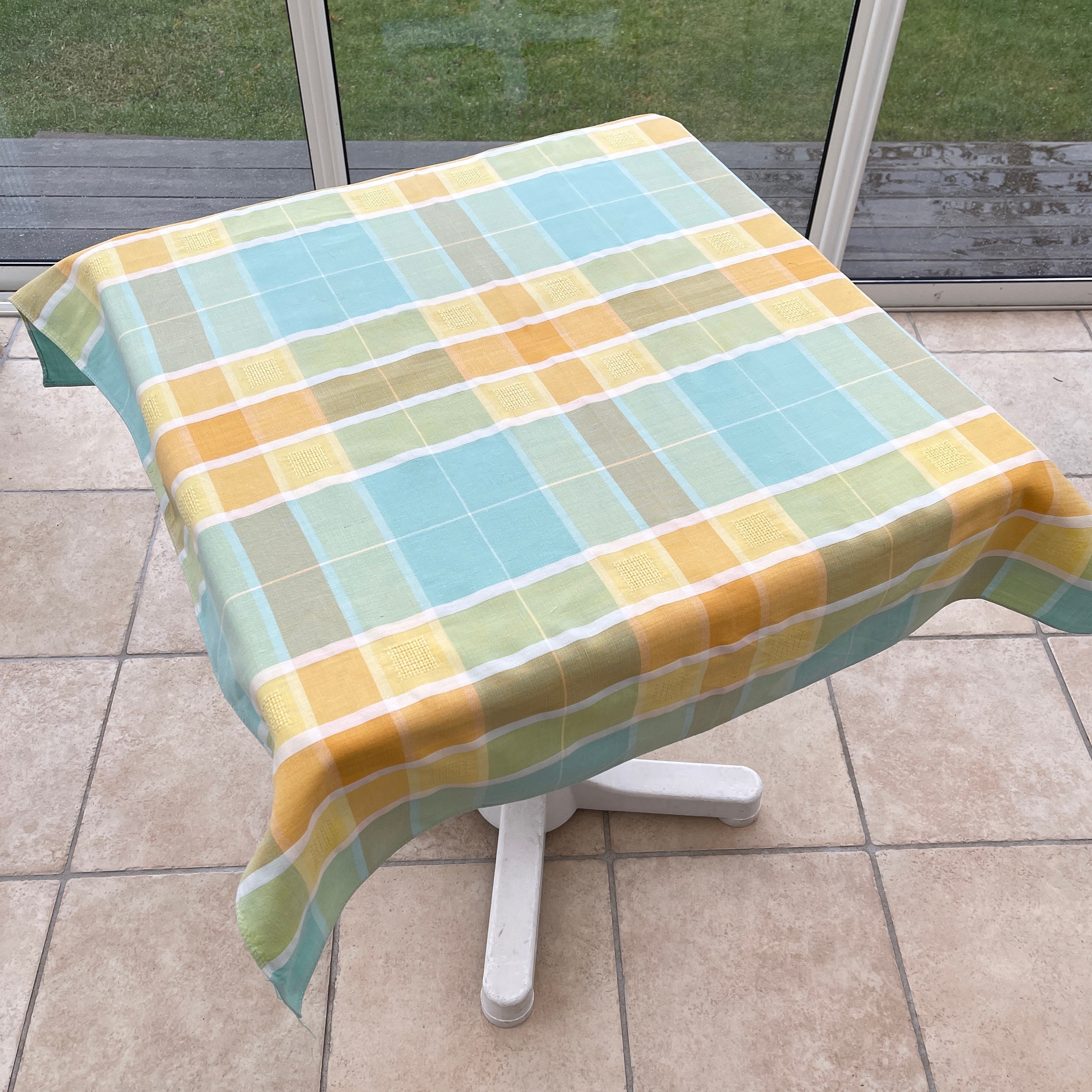 Nappe Vintage Suédoise/Tissu Coton Jaune Blanc Turquoie Vert Damier Décoration Intérieure Fabriqué e