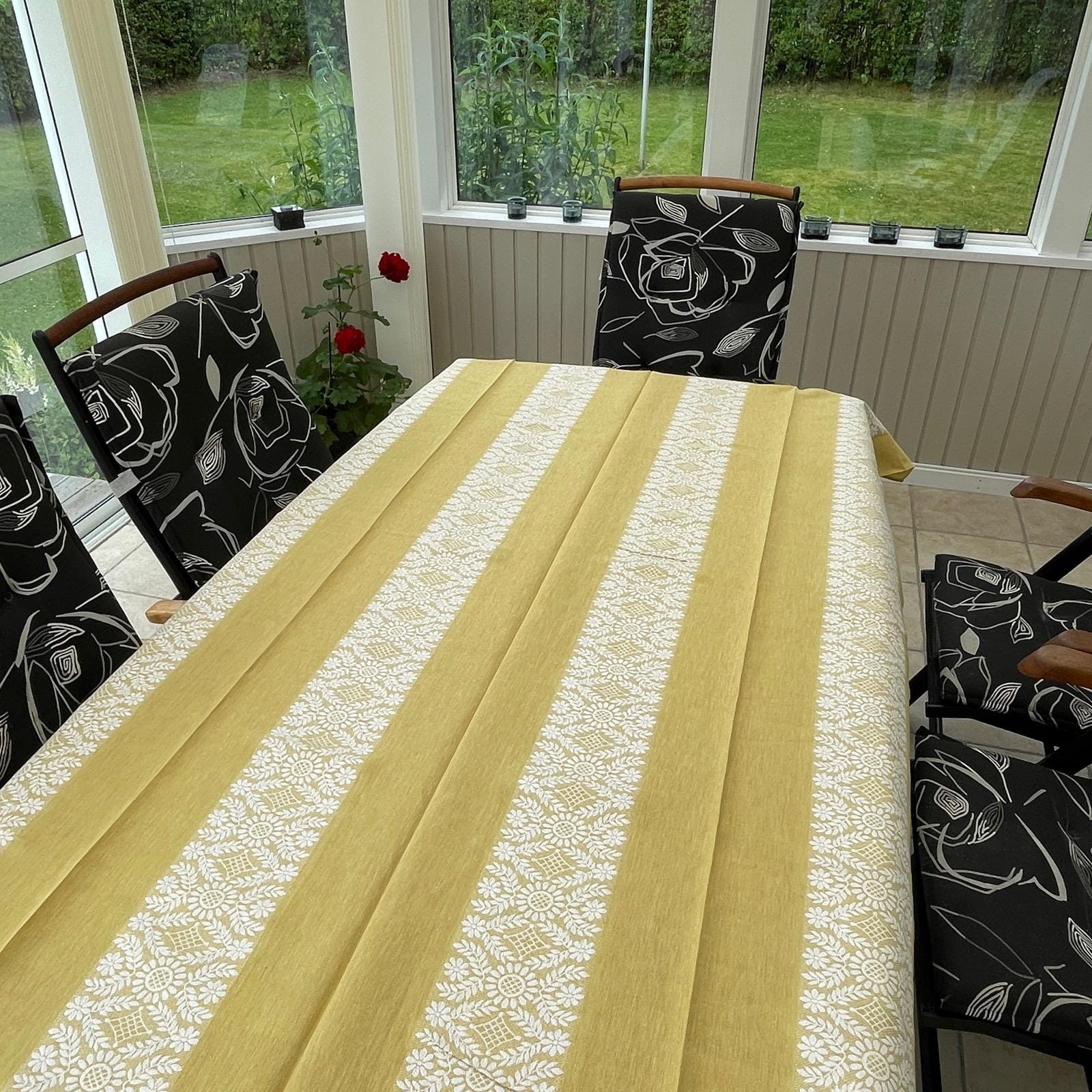 Vintage Linen Cotton Tablecloth: Floral Stripes, Swedish