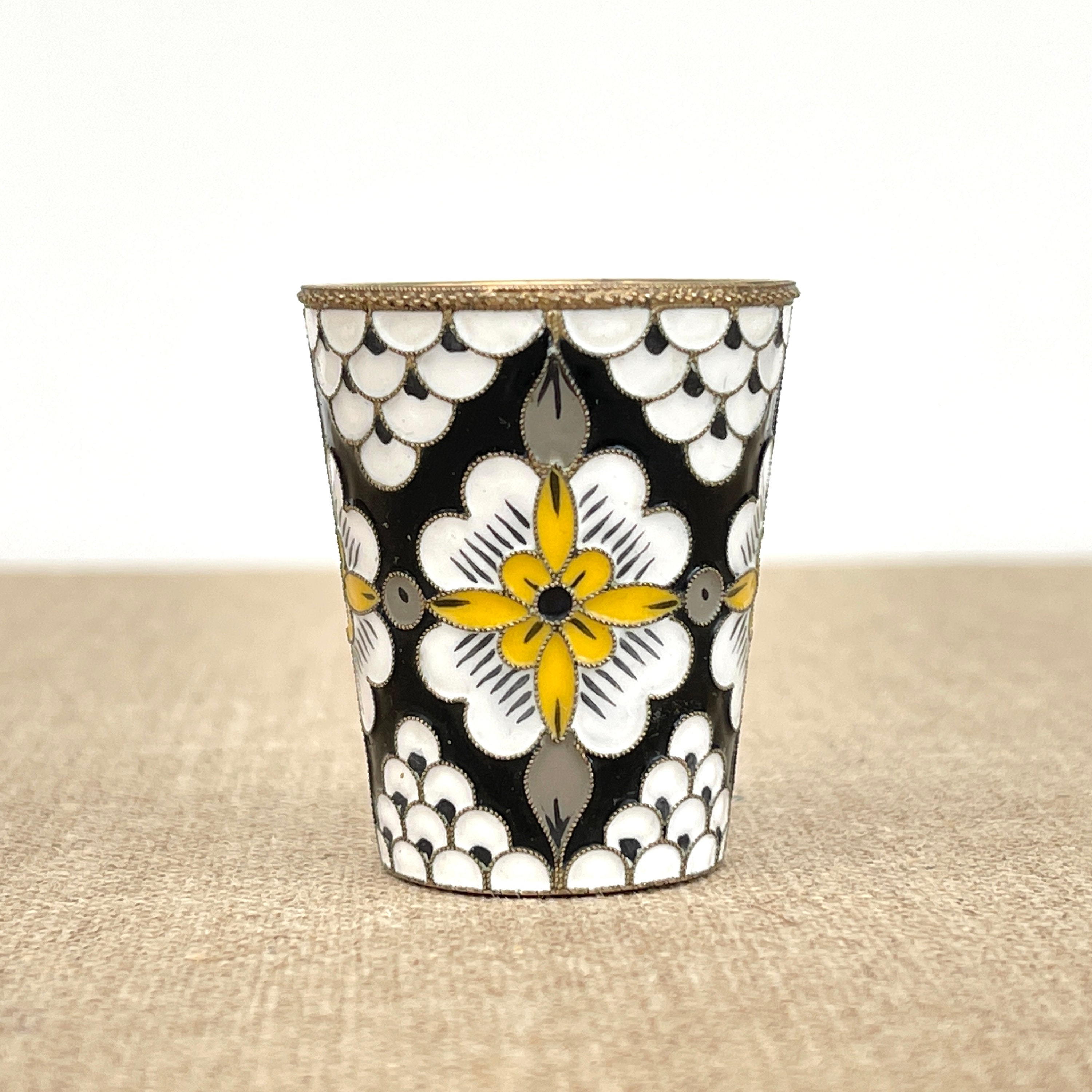 Argent Russe | 916 Coupe/Émaillé Cloisonné Coup de Feu ou Tasse Vodka à Collectionner Noir Blanc Jau