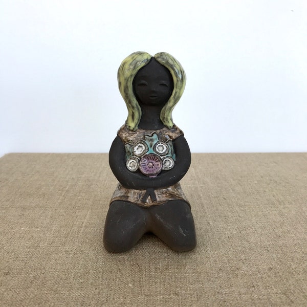 SWEDISH CERAMIC FIGURINE / Karl Erik Iwar / Mid century modern / Pottery / Signed / Collectibles / Girl / Rustic / Stoneware / Glaze