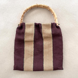 SWEDISH HANDWOVEN BAG / Swedish vintage / Handbag / 60s / Beige Brown / Textil art / Craft / Hand made / Scandinavian / Bambo handles / Boho