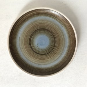 May include: A brown and blue ceramic plate with a swirling pattern. The plate has a white rim and a light blue center.