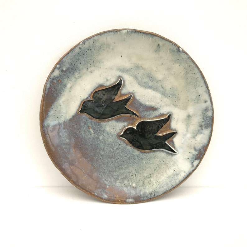 SWEDISH CERAMIC PLATE Large Art Birds Hand made Scandinavian Rustic Platter Pottery vintage Clay Glaze Terracotta